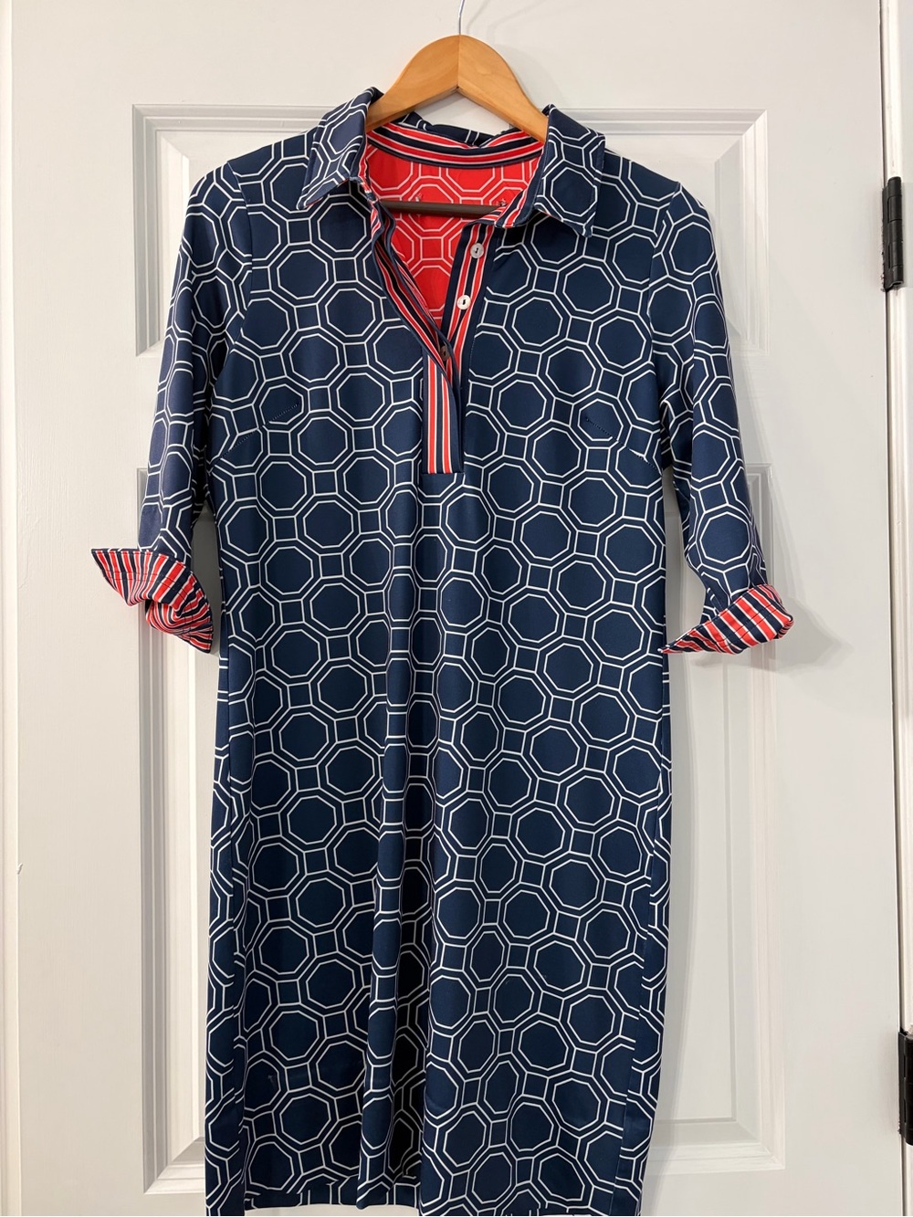 Gretchen Scott Designs Navy Geometric Polo Midi Dress with Red Trim
